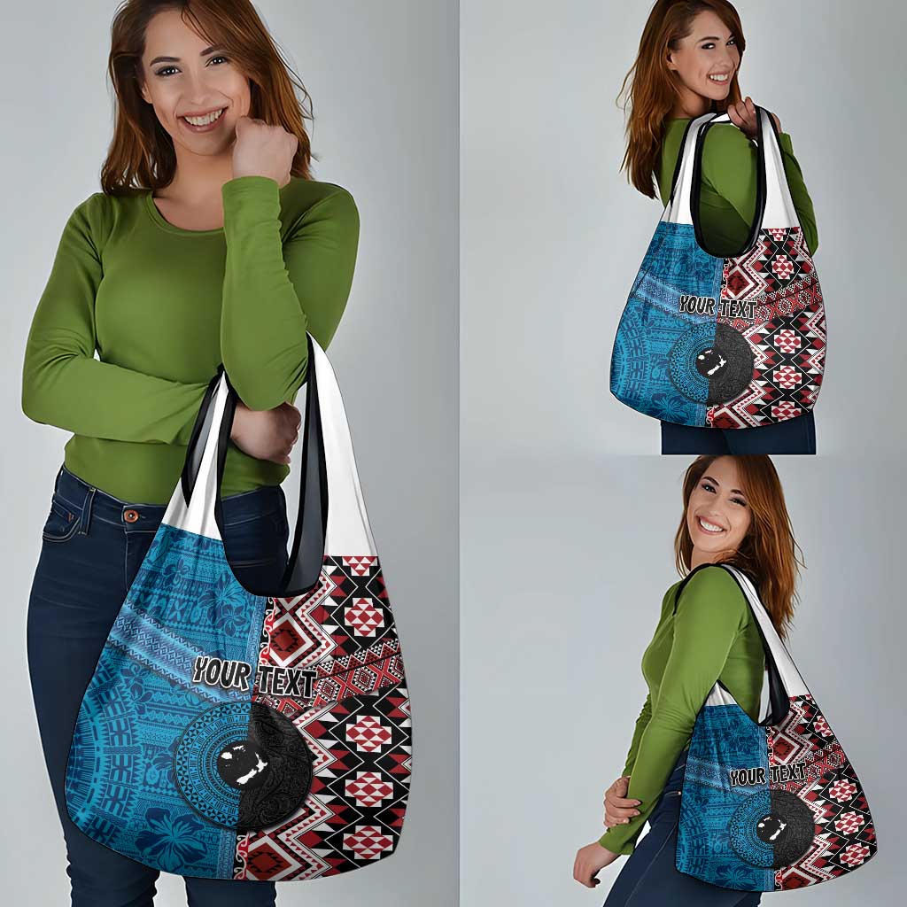 Personalised Aotearoa and Fiji Together Grocery Bag Melanesian Warrior and Koru - Taniko with Hibiscus Tapa Pattern LT03 - Polynesian Pride