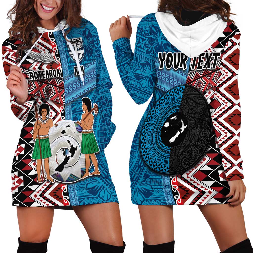 Personalised Aotearoa and Fiji Together Hoodie Dress Melanesian Warrior and Koru - Taniko with Hibiscus Tapa Pattern