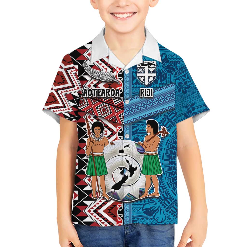 Personalised Aotearoa and Fiji Together Kid Hawaiian Shirt Melanesian Warrior and Koru - Taniko with Hibiscus Tapa Pattern LT03 Kid Blue - Polynesian Pride