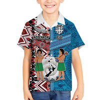 Personalised Aotearoa and Fiji Together Kid Hawaiian Shirt Melanesian Warrior and Koru - Taniko with Hibiscus Tapa Pattern LT03 Kid Blue - Polynesian Pride