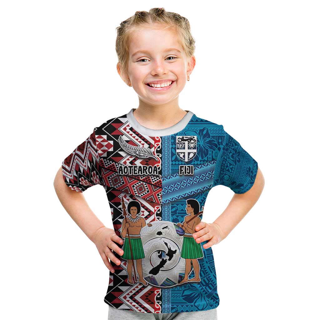Personalised Aotearoa and Fiji Together Kid T Shirt Melanesian Warrior and Koru - Taniko with Hibiscus Tapa Pattern