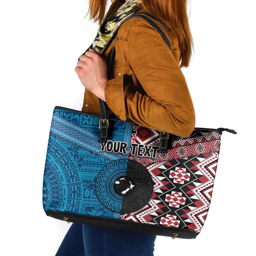 Personalised Aotearoa and Fiji Together Leather Tote Bag Melanesian Warrior and Koru - Taniko with Hibiscus Tapa Pattern LT03 Blue - Polynesian Pride