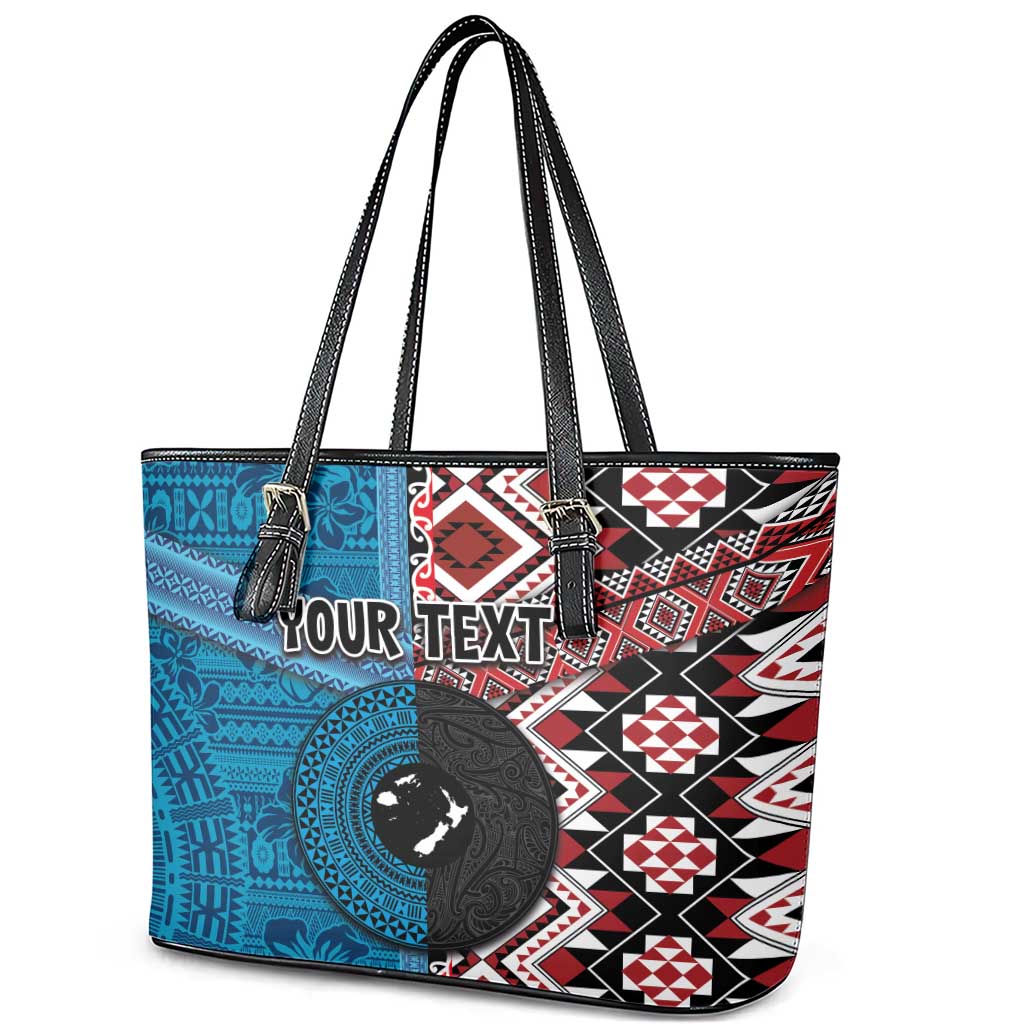 Personalised Aotearoa and Fiji Together Leather Tote Bag Melanesian Warrior and Koru - Taniko with Hibiscus Tapa Pattern LT03 - Polynesian Pride