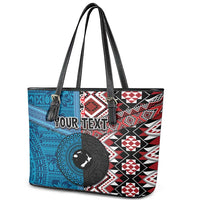 Personalised Aotearoa and Fiji Together Leather Tote Bag Melanesian Warrior and Koru - Taniko with Hibiscus Tapa Pattern LT03 - Polynesian Pride