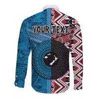 Personalised Aotearoa and Fiji Together Long Sleeve Button Shirt Melanesian Warrior and Koru - Taniko with Hibiscus Tapa Pattern