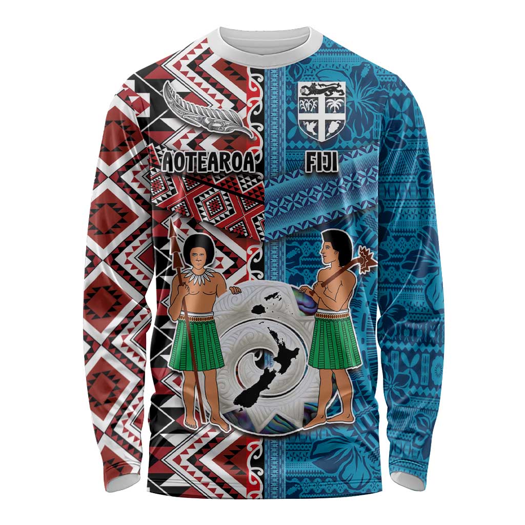 Personalised Aotearoa and Fiji Together Long Sleeve Shirt Melanesian Warrior and Koru - Taniko with Hibiscus Tapa Pattern