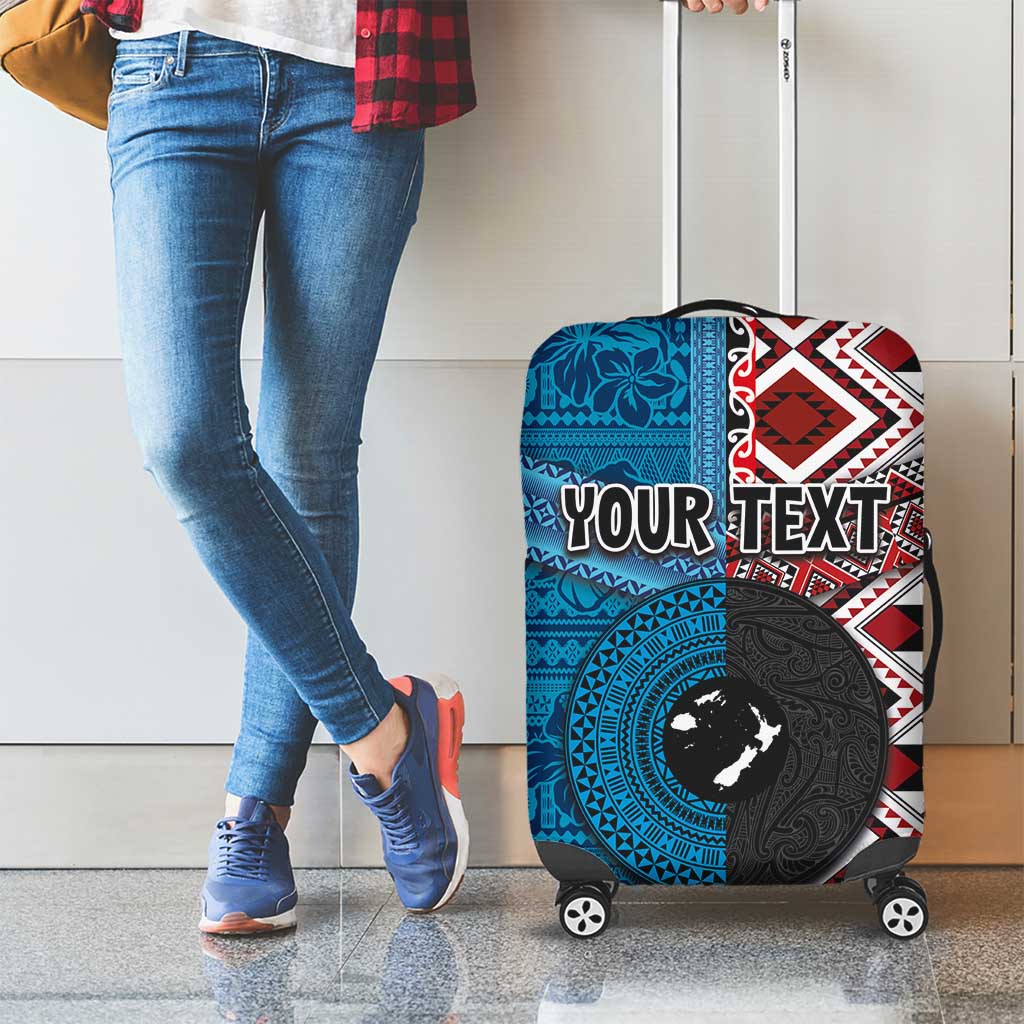 Personalised Aotearoa and Fiji Together Luggage Cover Melanesian Warrior and Koru - Taniko with Hibiscus Tapa Pattern