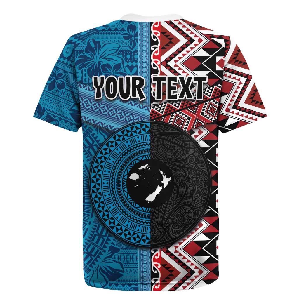 Personalised Aotearoa and Fiji Together Rugby Jersey Melanesian Warrior and Koru - Taniko with Hibiscus Tapa Pattern LT03 - Polynesian Pride