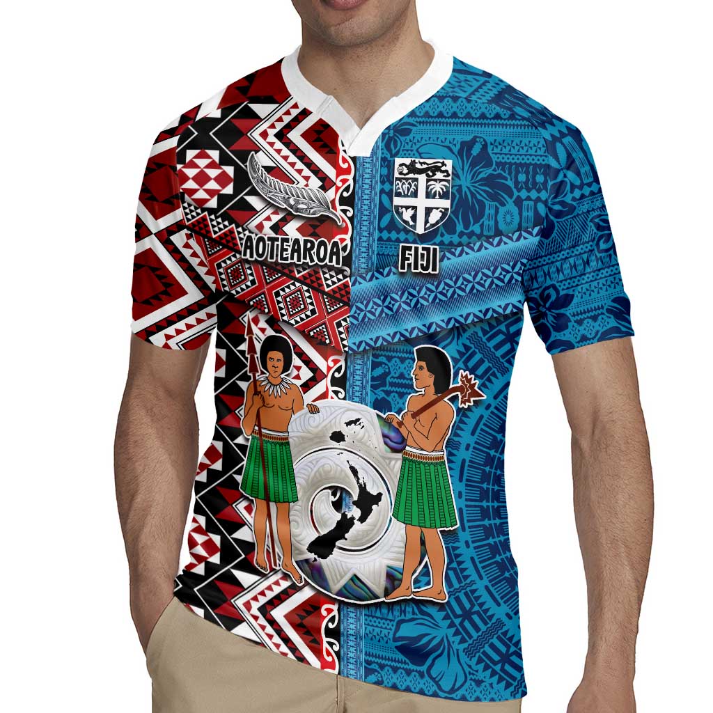 Personalised Aotearoa and Fiji Together Rugby Jersey Melanesian Warrior and Koru - Taniko with Hibiscus Tapa Pattern LT03 - Polynesian Pride