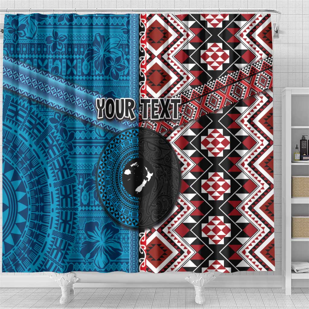 Personalised Aotearoa and Fiji Together Shower Curtain Melanesian Warrior and Koru - Taniko with Hibiscus Tapa Pattern