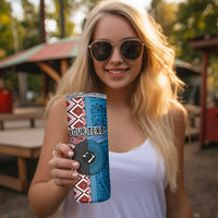 Personalised Aotearoa and Fiji Together Skinny Tumbler Melanesian Warrior and Koru - Taniko with Hibiscus Tapa Pattern