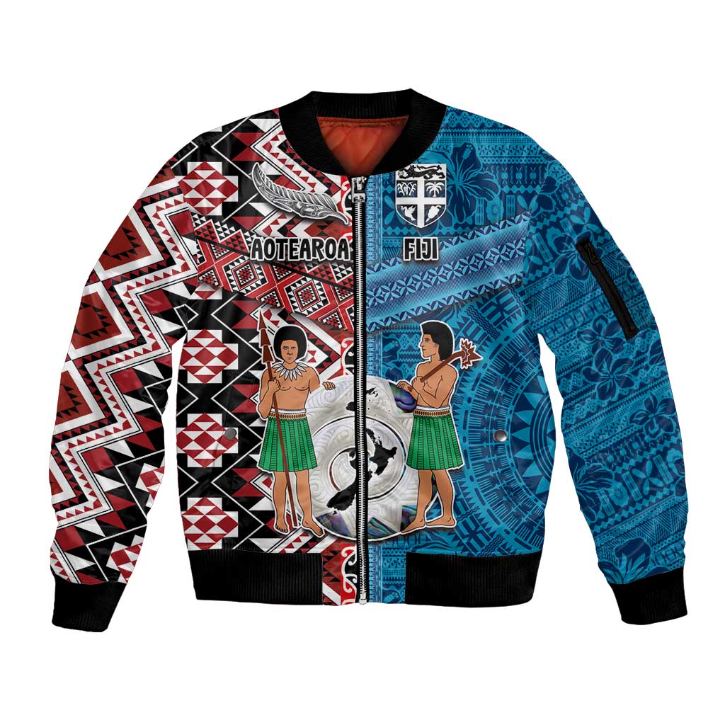 Personalised Aotearoa and Fiji Together Sleeve Zip Bomber Jacket Melanesian Warrior and Koru - Taniko with Hibiscus Tapa Pattern