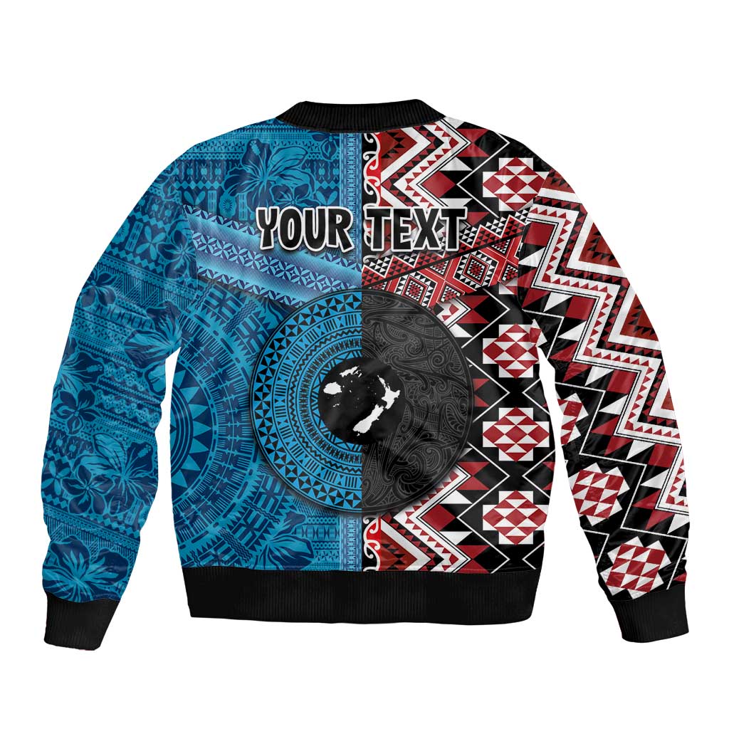 Personalised Aotearoa and Fiji Together Sleeve Zip Bomber Jacket Melanesian Warrior and Koru - Taniko with Hibiscus Tapa Pattern