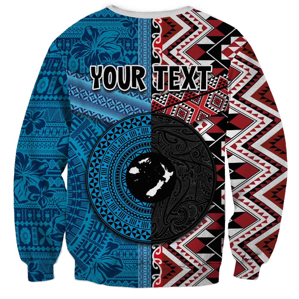 Personalised Aotearoa and Fiji Together Sweatshirt Melanesian Warrior and Koru - Taniko with Hibiscus Tapa Pattern