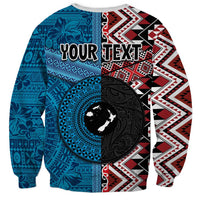 Personalised Aotearoa and Fiji Together Sweatshirt Melanesian Warrior and Koru - Taniko with Hibiscus Tapa Pattern