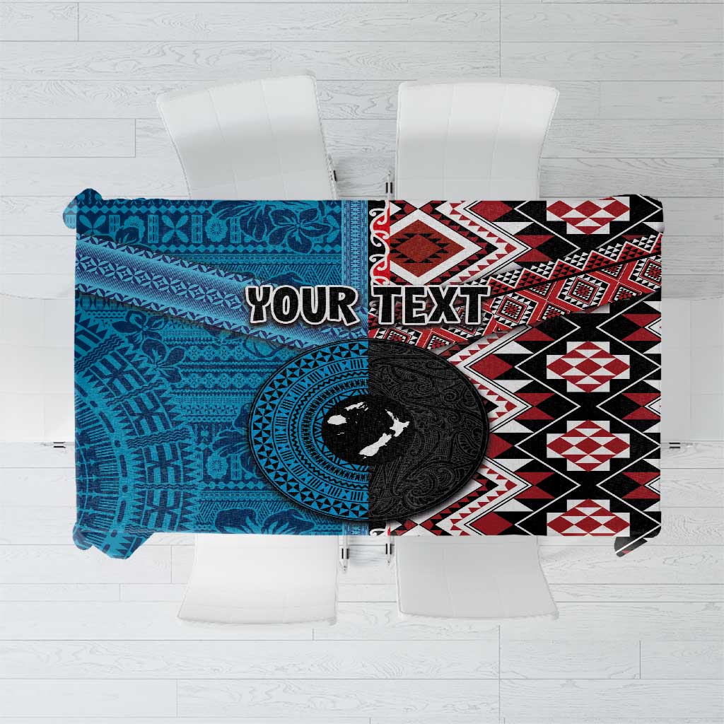 Personalised Aotearoa and Fiji Together Tablecloth Melanesian Warrior and Koru - Taniko with Hibiscus Tapa Pattern LT03 Blue - Polynesian Pride