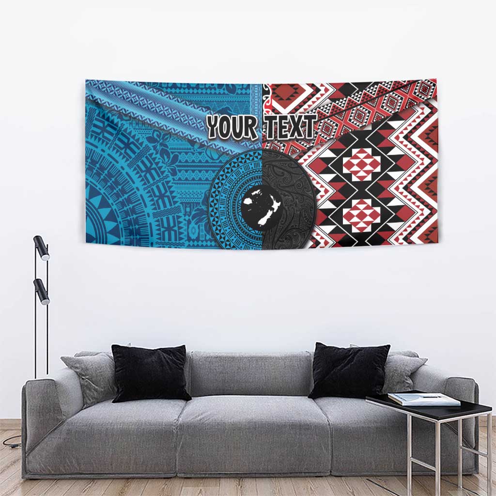 Personalised Aotearoa and Fiji Together Tapestry Melanesian Warrior and Koru - Taniko with Hibiscus Tapa Pattern