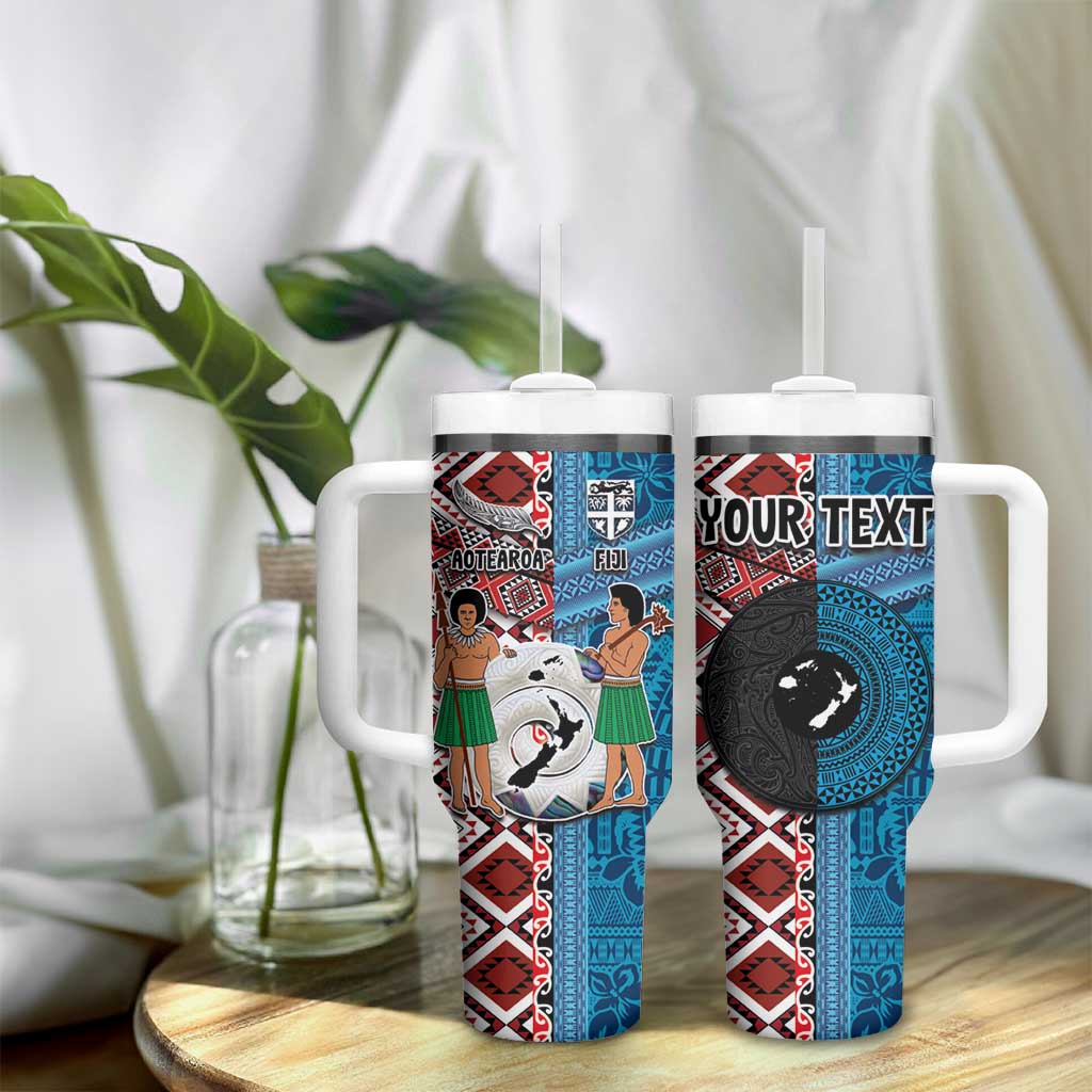 Personalised Aotearoa and Fiji Together Tumbler With Handle Melanesian Warrior and Koru - Taniko with Hibiscus Tapa Pattern
