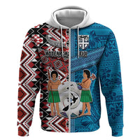 Personalised Aotearoa and Fiji Together Zip Hoodie Melanesian Warrior and Koru - Taniko with Hibiscus Tapa Pattern