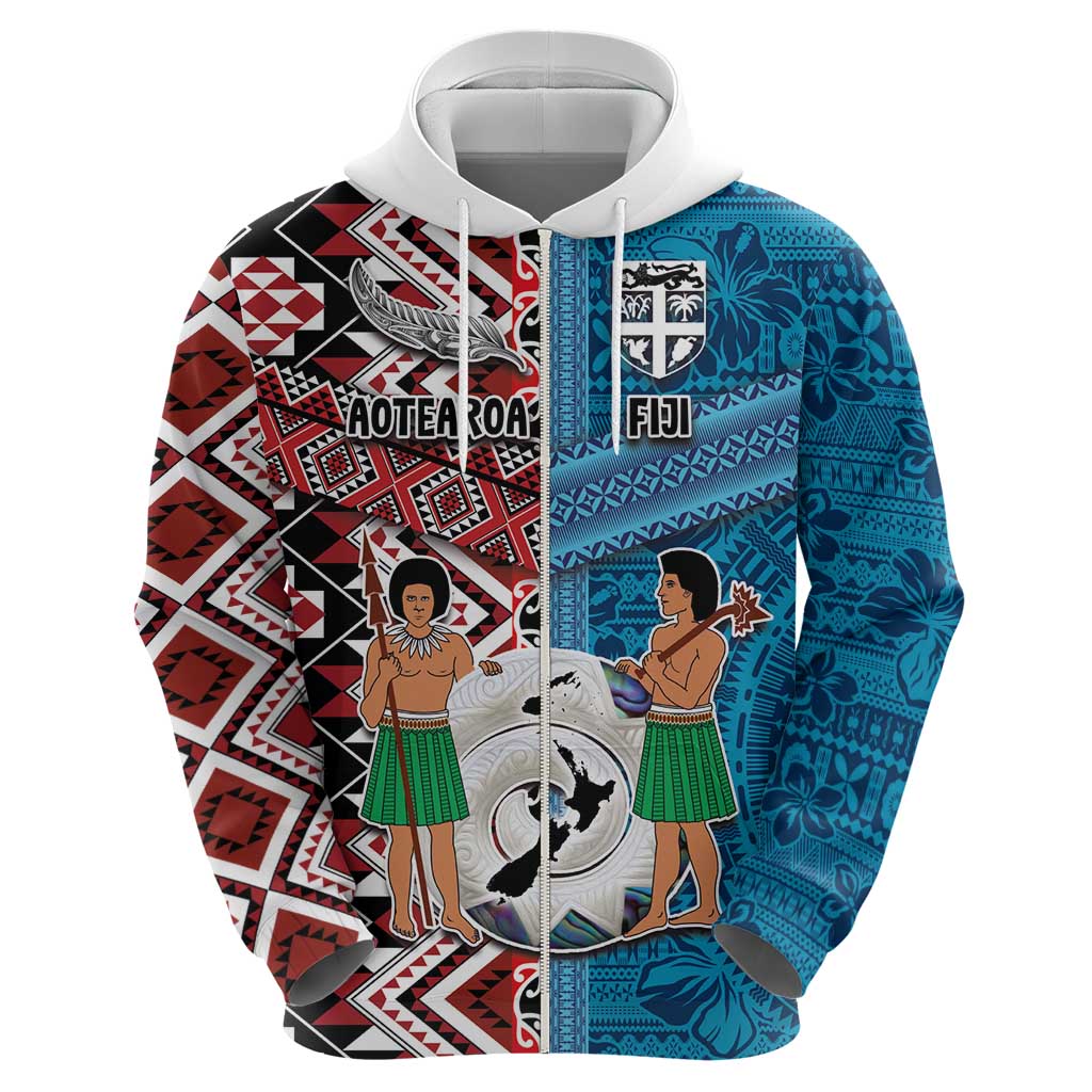 Personalised Aotearoa and Fiji Together Zip Hoodie Melanesian Warrior and Koru - Taniko with Hibiscus Tapa Pattern