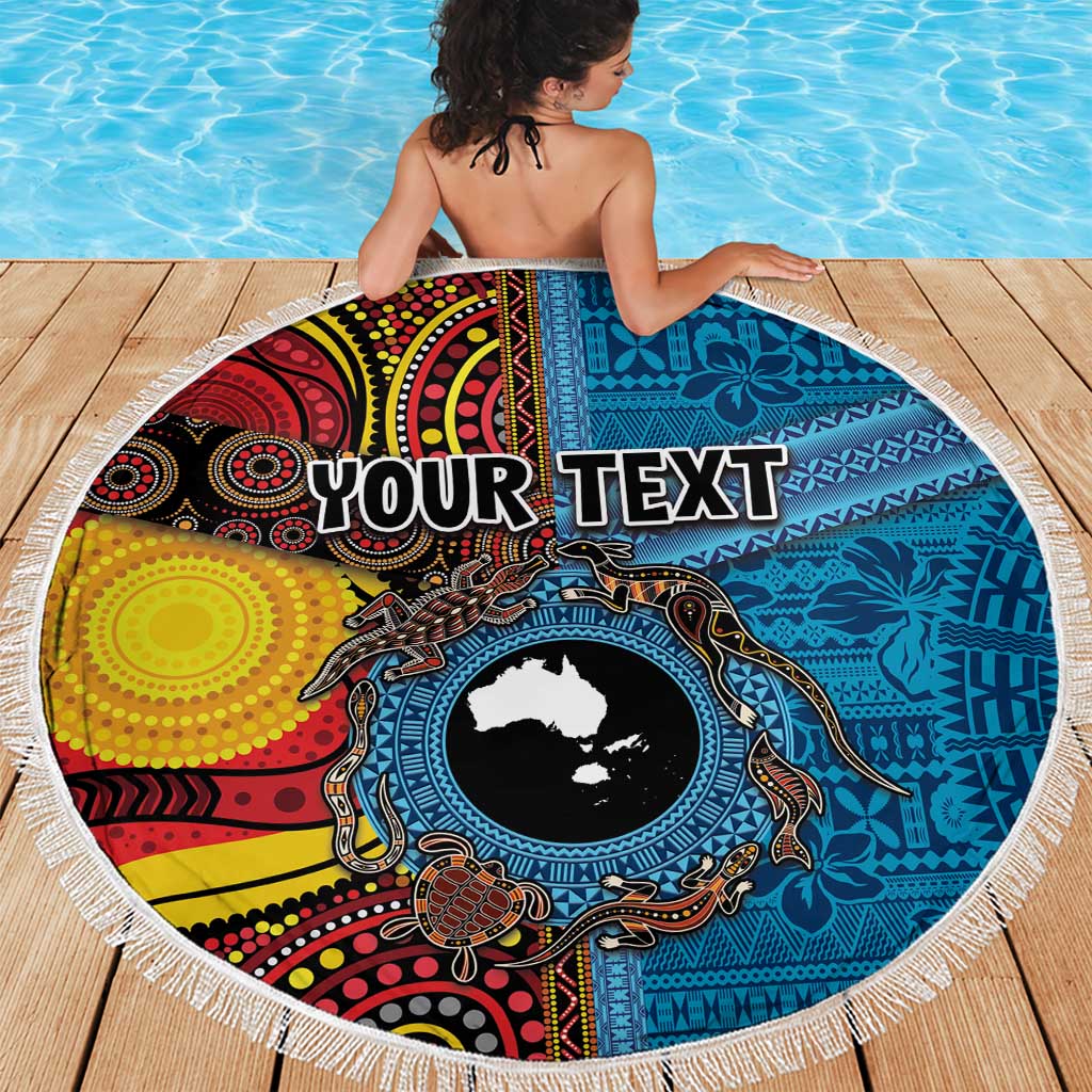 Personalised Australia and Fiji Together Beach Blanket Tribal Palm Tree with Tapa and Aboriginal Animals Half Style