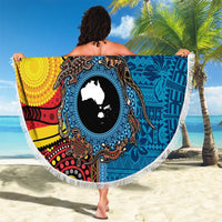 Personalised Australia and Fiji Together Beach Blanket Tribal Palm Tree with Tapa and Aboriginal Animals Half Style