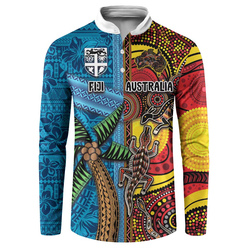 Personalised Australia and Fiji Together Button Sweatshirt Tribal Palm Tree with Tapa and Aboriginal Animals Half Style