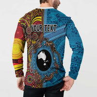 Personalised Australia and Fiji Together Button Sweatshirt Tribal Palm Tree with Tapa and Aboriginal Animals Half Style