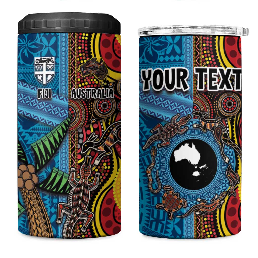 Personalised Australia and Fiji Together 4 in 1 Can Cooler Tumbler Tribal Palm Tree with Tapa and Aboriginal Animals Half Style LT03 One Size: 16 oz Blue - Polynesian Pride