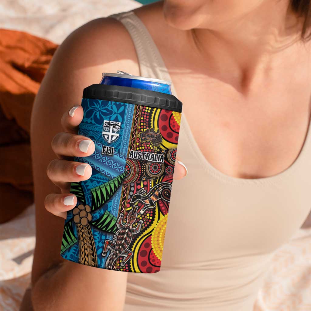 Personalised Australia and Fiji Together 4 in 1 Can Cooler Tumbler Tribal Palm Tree with Tapa and Aboriginal Animals Half Style LT03 - Polynesian Pride