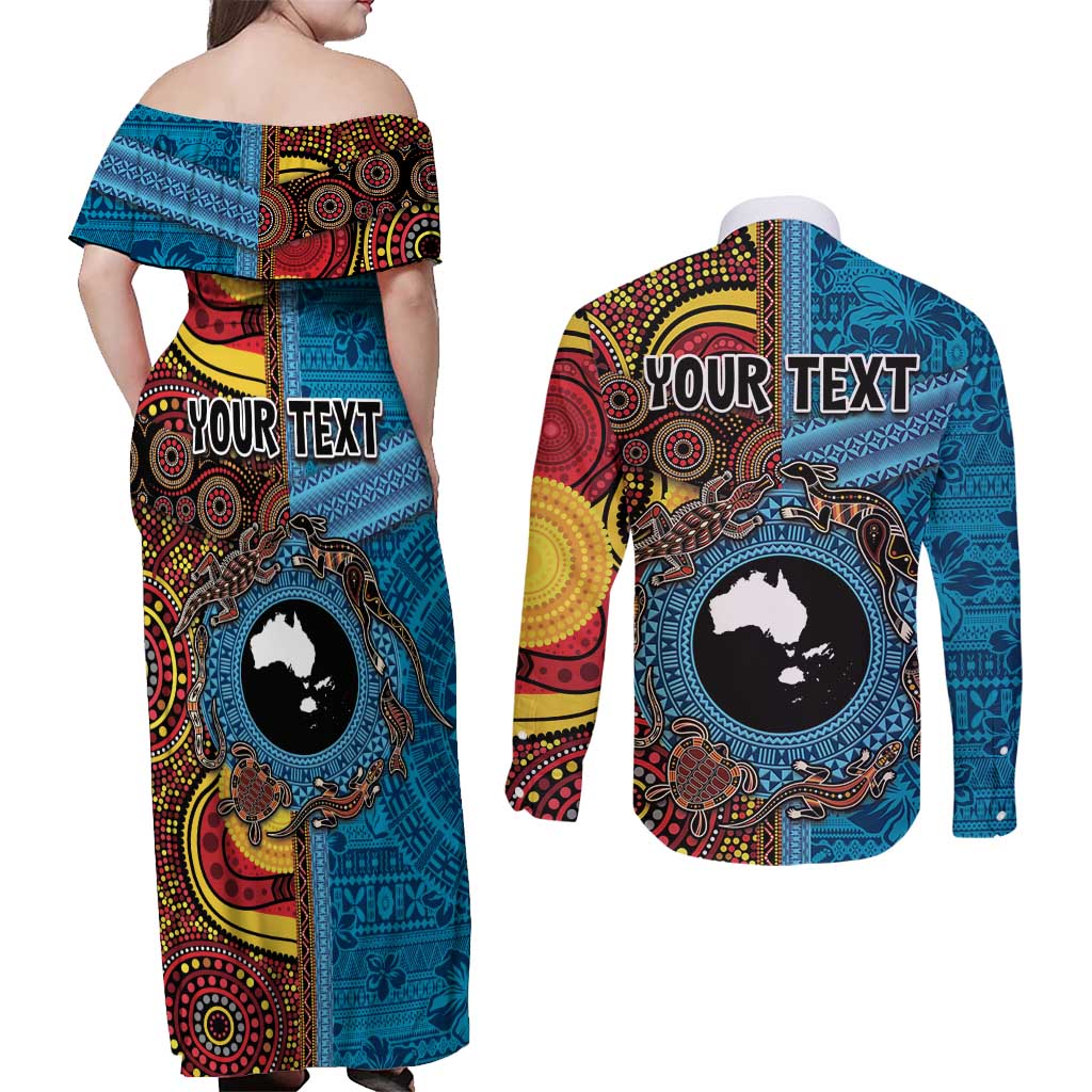 Personalised Australia and Fiji Together Couples Matching Off Shoulder Maxi Dress and Long Sleeve Button Shirt Tribal Palm Tree with Tapa and Aboriginal Animals Half Style