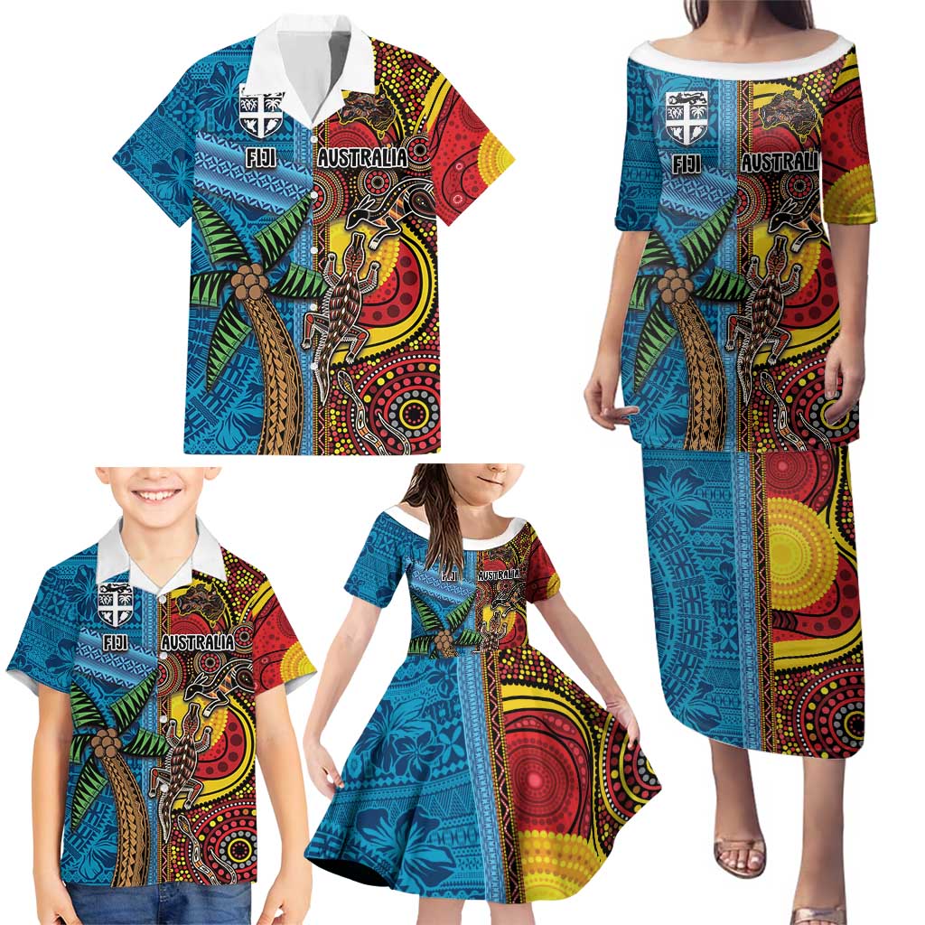 Personalised Australia and Fiji Together Family Matching Puletasi and Hawaiian Shirt Tribal Palm Tree with Tapa and Aboriginal Animals Half Style LT03 - Polynesian Pride