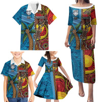 Personalised Australia and Fiji Together Family Matching Puletasi and Hawaiian Shirt Tribal Palm Tree with Tapa and Aboriginal Animals Half Style LT03 - Polynesian Pride