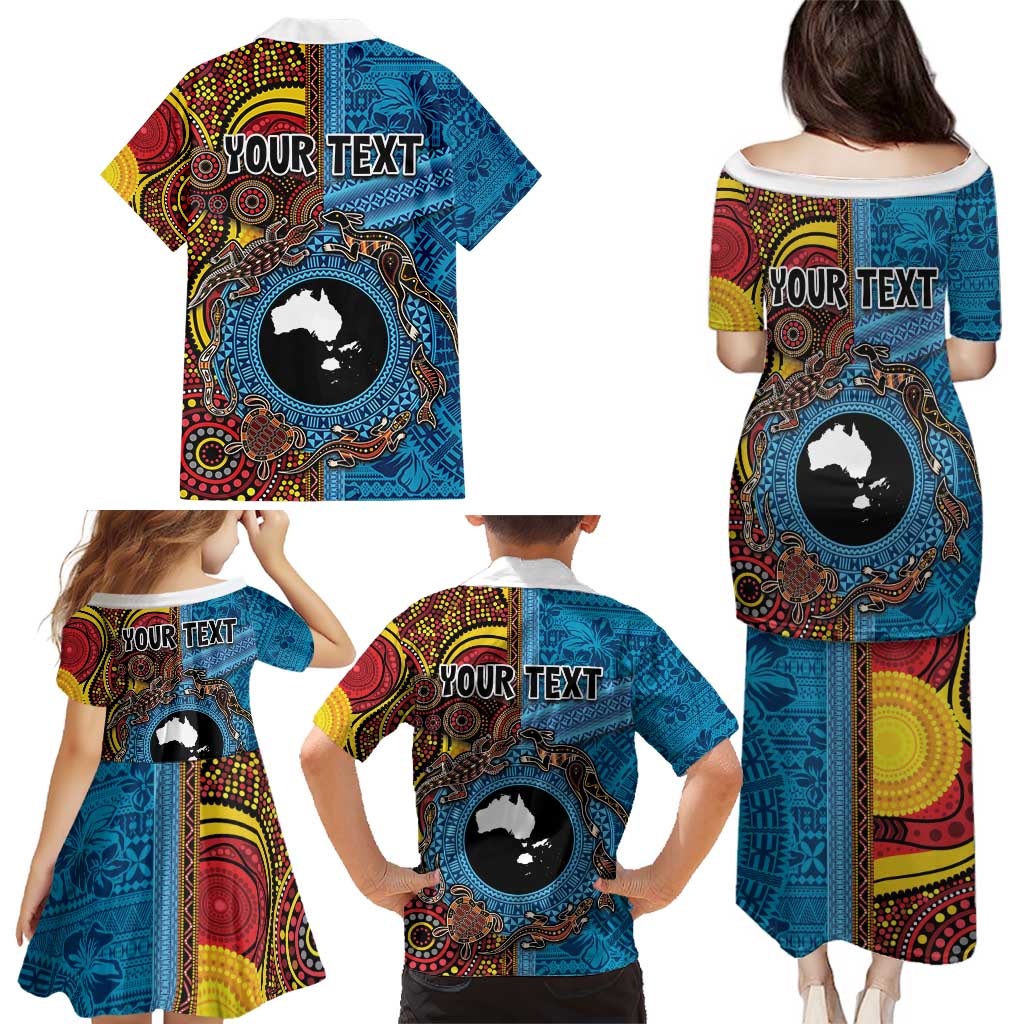 Personalised Australia and Fiji Together Family Matching Puletasi and Hawaiian Shirt Tribal Palm Tree with Tapa and Aboriginal Animals Half Style LT03 - Polynesian Pride
