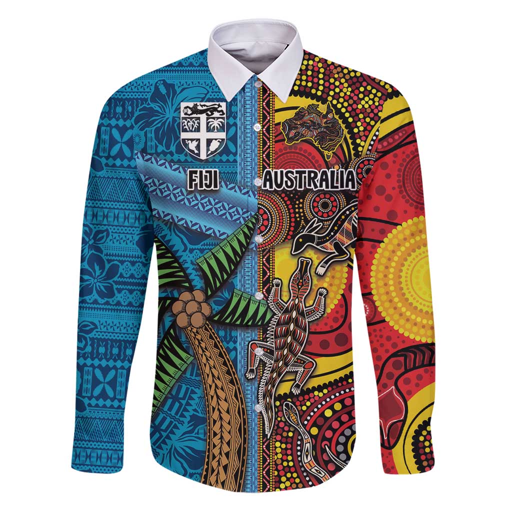 Personalised Australia and Fiji Together Family Matching Puletasi and Hawaiian Shirt Tribal Palm Tree with Tapa and Aboriginal Animals Half Style LT03 Dad's Shirt - Long Sleeve Blue - Polynesian Pride