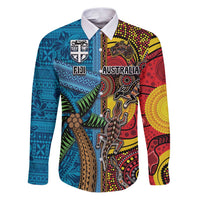 Personalised Australia and Fiji Together Family Matching Puletasi and Hawaiian Shirt Tribal Palm Tree with Tapa and Aboriginal Animals Half Style LT03 Dad's Shirt - Long Sleeve Blue - Polynesian Pride