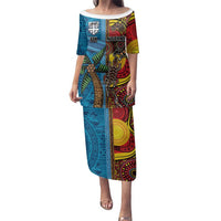 Personalised Australia and Fiji Together Family Matching Puletasi and Hawaiian Shirt Tribal Palm Tree with Tapa and Aboriginal Animals Half Style LT03 Mom's Dress Blue - Polynesian Pride