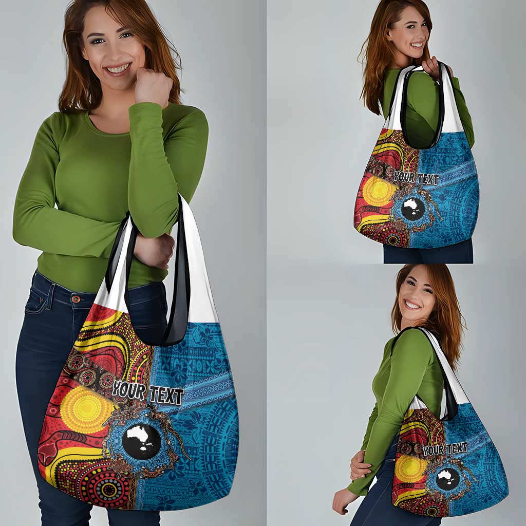 Personalised Australia and Fiji Together Grocery Bag Tribal Palm Tree with Tapa and Aboriginal Animals Half Style