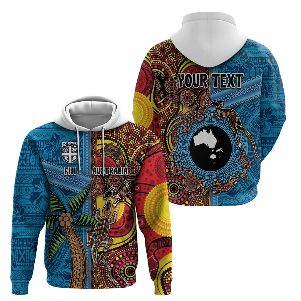 Personalised Australia and Fiji Together Hoodie Tribal Palm Tree with Tapa and Aboriginal Animals Half Style