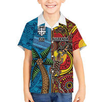 Personalised Australia and Fiji Together Kid Hawaiian Shirt Tribal Palm Tree with Tapa and Aboriginal Animals Half Style LT03 Kid Blue - Polynesian Pride