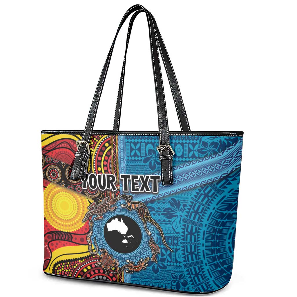 Personalised Australia and Fiji Together Leather Tote Bag Tribal Palm Tree with Tapa and Aboriginal Animals Half Style