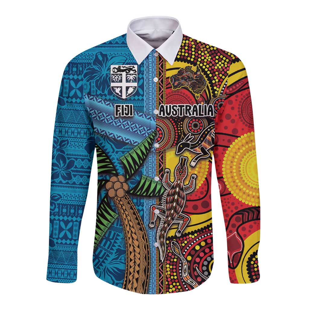 Personalised Australia and Fiji Together Long Sleeve Button Shirt Tribal Palm Tree with Tapa and Aboriginal Animals Half Style