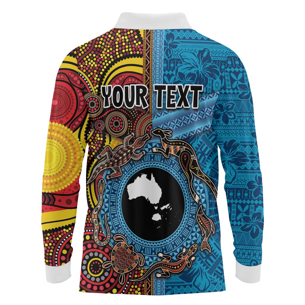 Personalised Australia and Fiji Together Long Sleeve Polo Shirt Tribal Palm Tree with Tapa and Aboriginal Animals Half Style