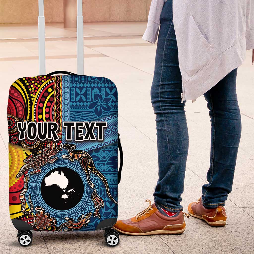 Personalised Australia and Fiji Together Luggage Cover Tribal Palm Tree with Tapa and Aboriginal Animals Half Style