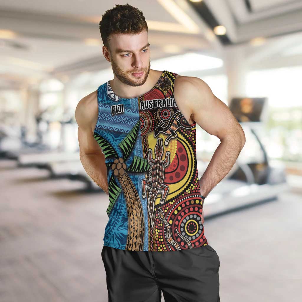 Personalised Australia and Fiji Together Men Tank Top Tribal Palm Tree with Tapa and Aboriginal Animals Half Style