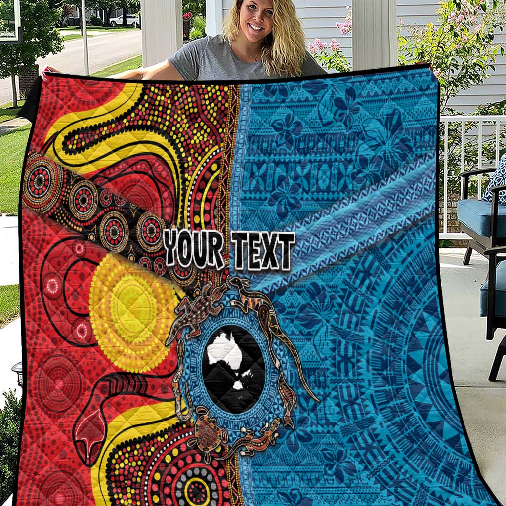 Personalised Australia and Fiji Together Quilt Tribal Palm Tree with Tapa and Aboriginal Animals Half Style