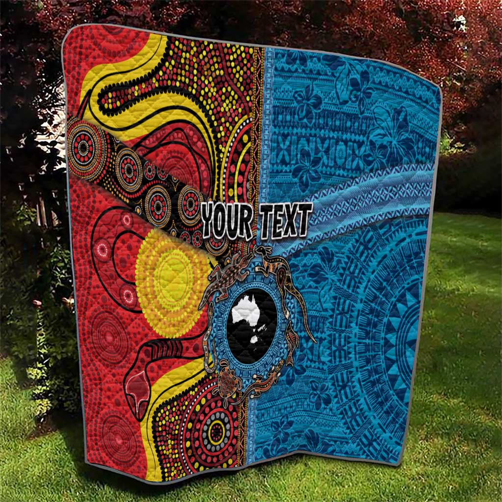 Personalised Australia and Fiji Together Quilt Tribal Palm Tree with Tapa and Aboriginal Animals Half Style