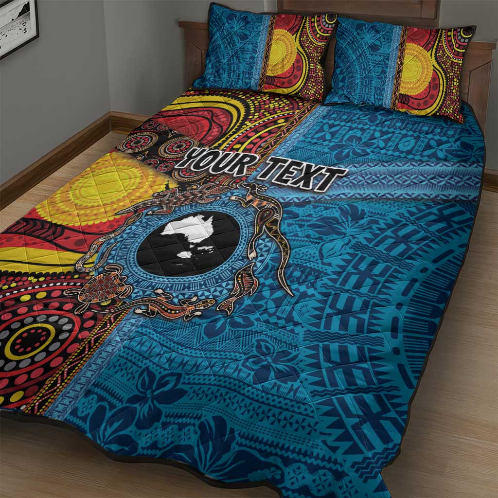 Personalised Australia and Fiji Together Quilt Bed Set Tribal Palm Tree with Tapa and Aboriginal Animals Half Style