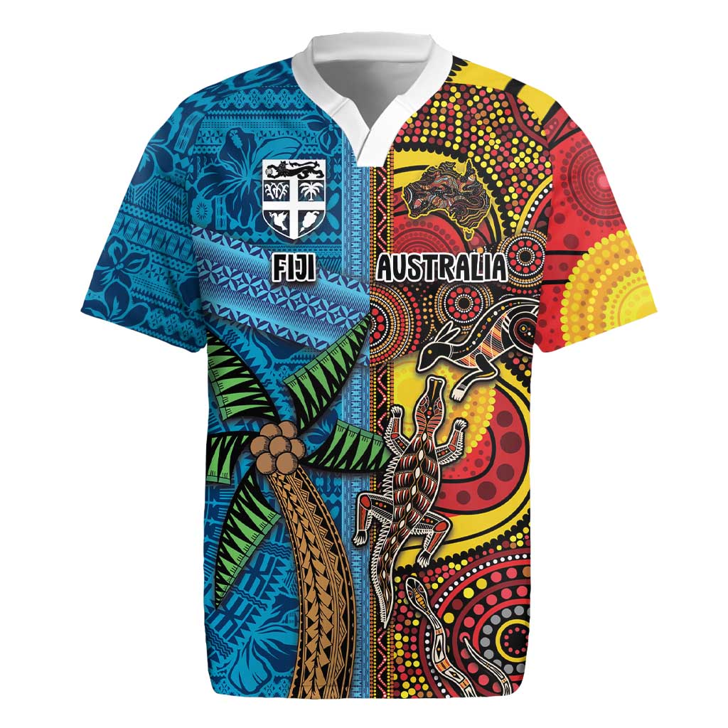 Personalised Australia and Fiji Together Rugby Jersey Tribal Palm Tree with Tapa and Aboriginal Animals Half Style LT03 Blue - Polynesian Pride