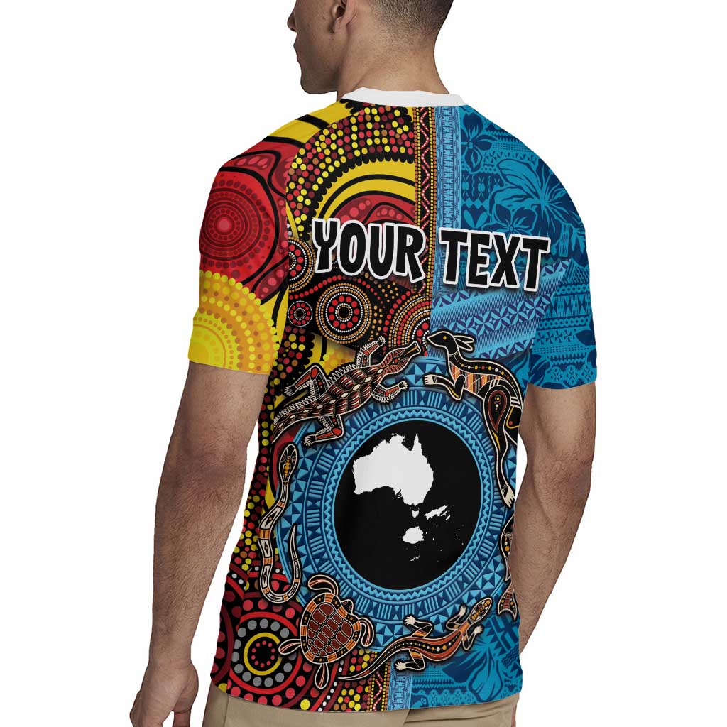 Personalised Australia and Fiji Together Rugby Jersey Tribal Palm Tree with Tapa and Aboriginal Animals Half Style LT03 - Polynesian Pride